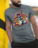 Rock Band Monster Graphic Funny T-shirt - model leaning on yellow-black pole, wearing Gray T-shirt, hand in pocket