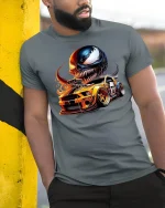 Venom Muscle Car Flames Racing Tee - model leaning on yellow-black pole, wearing Gray T-shirt, hand in pocket