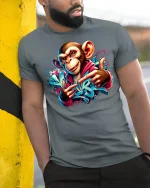 Street Vibes Monkey Graffiti Art Tee - model leaning on yellow-black pole, wearing Gray T-shirt, hand in pocket