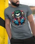 Evil Clown Dice Joker Face Tee - model leaning on yellow-black pole, wearing Gray T-shirt, hand in pocket