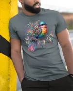 Colorful Gem Bird Floral T-Shirt - model leaning on yellow-black pole, wearing Gray T-shirt, hand in pocket