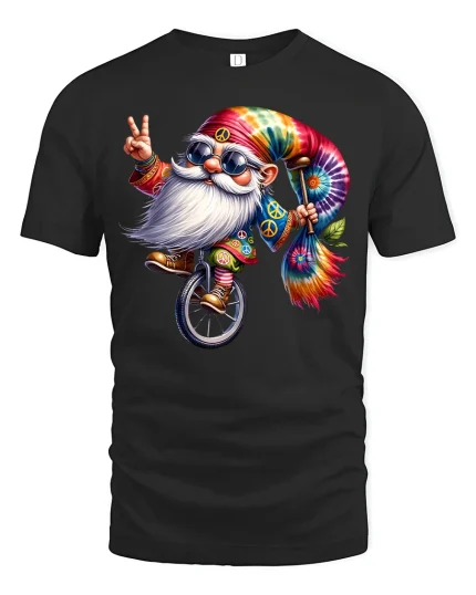 Hippie Gnome Tie-Dye Unicycle Tee - black t-shirt on white background