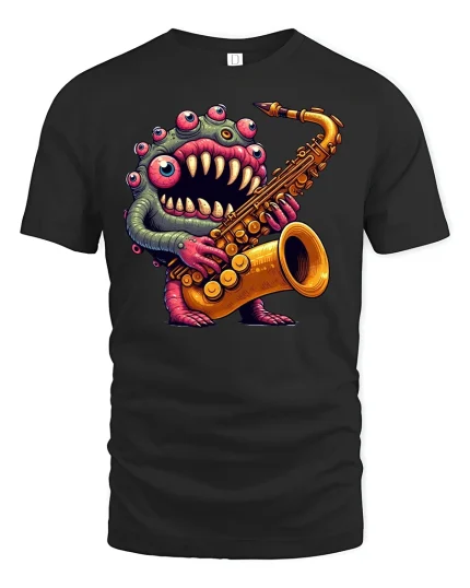 Monster Jazz Saxophone Player Tee - black t-shirt on white background