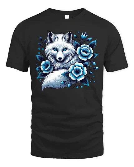 Arctic Blue Fox Floral Graphic Tee - black t-shirt on white background