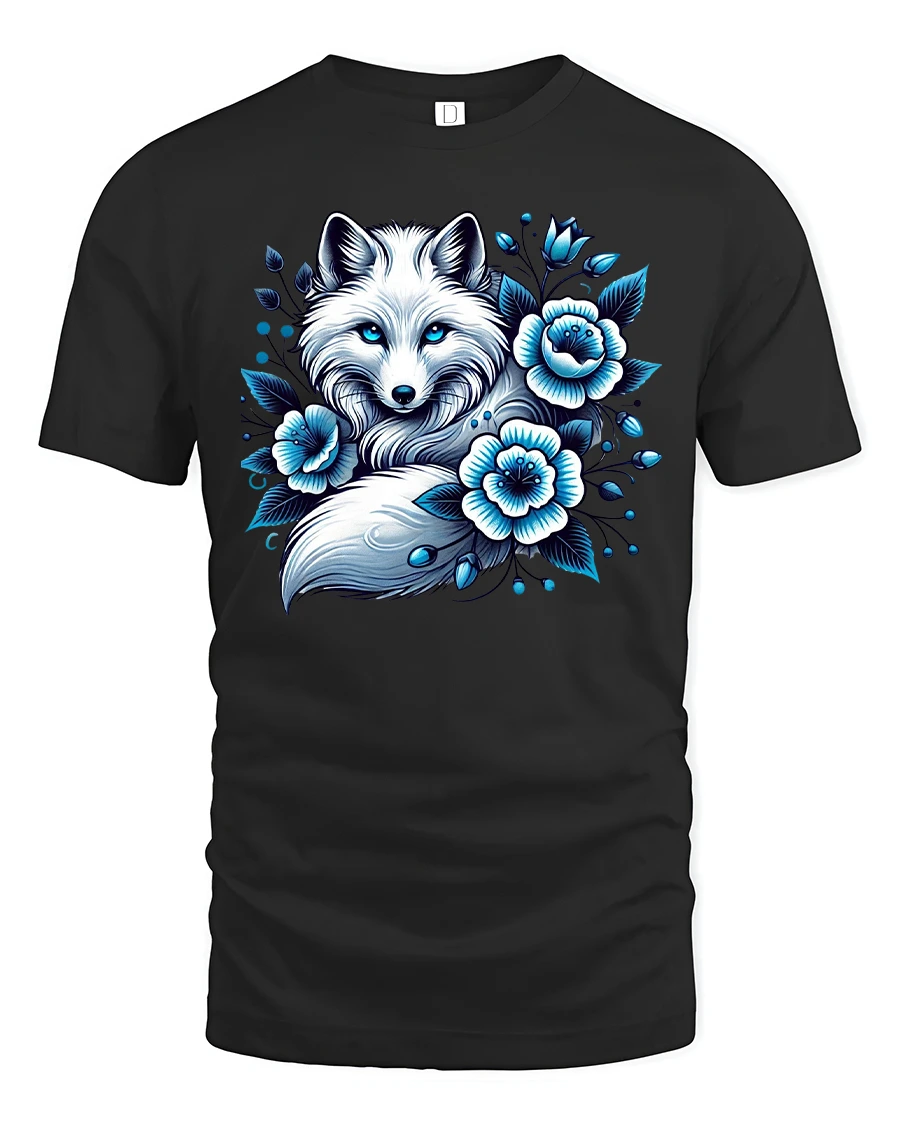 Arctic Blue Fox Floral Graphic Tee - 1 Arctic Blue Fox Floral Graphic Tee - black t-shirt on white background