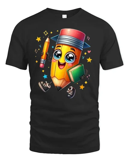 Happy Pencil and Book T-Shirt - black t-shirt on white background