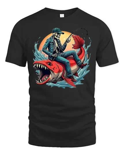 Skeleton Fisherman Riding Monster Fish Tee - black t-shirt on white background
