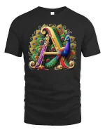 Elegant Letter A Peacock Art T-shirt - black t-shirt on white background