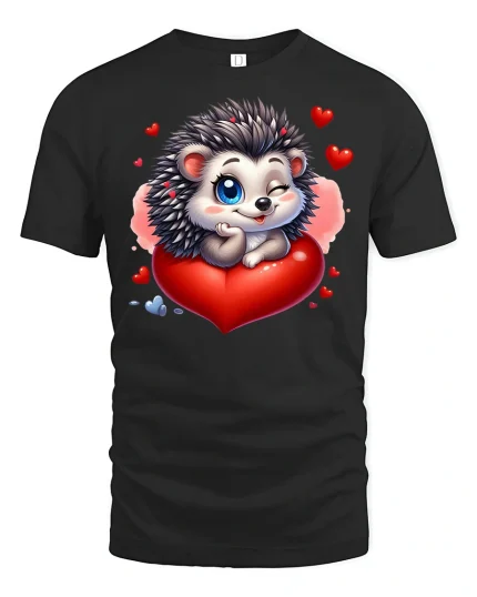 Cute Hedgehog Heart Love Valentine Tee - black t-shirt on white background