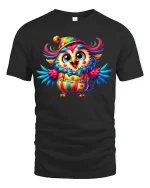 Colorful Clown Owl Cartoon T-shirt - black t-shirt on white background