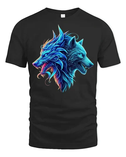 Neon Dual Wolf Spirit Graphic Tee - black t-shirt on white background