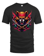 Samurai Warrior Cat Neon Katana Tee - black t-shirt on white background
