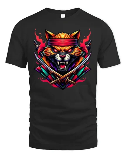 Samurai Warrior Cat Neon Katana Tee - black t-shirt on white background