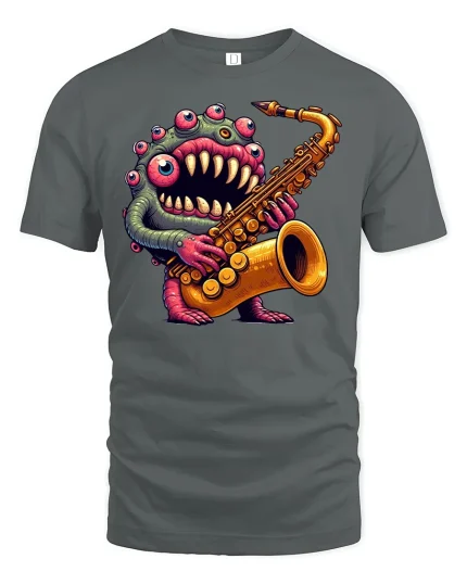 Monster Jazz Saxophone Player Tee - gray t-shirt on white background