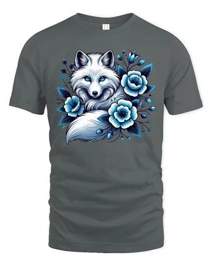 Arctic Blue Fox Floral Graphic Tee - gray t-shirt on white background