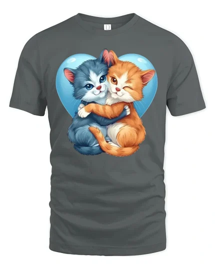 Cute Hugging Cats Heart Tee - gray t-shirt on white background