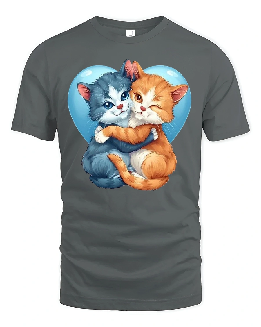 Cute Hugging Cats Heart Tee - 1 Cute Hugging Cats Heart Tee - gray t-shirt on white background