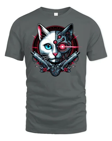 Cyberpunk Cat T-Shirt - gray t-shirt on white background