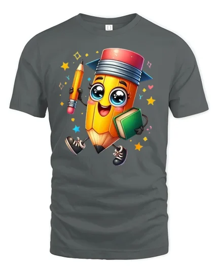 Happy Pencil and Book T-Shirt - gray t-shirt on white background