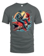 Skeleton Fisherman Riding Monster Fish Tee - gray t-shirt on white background