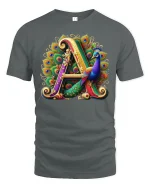 Elegant Letter A Peacock Art T-shirt - gray t-shirt on white background