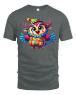 Colorful Clown Owl Cartoon T-shirt - gray t-shirt on white background