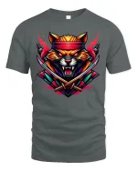 Samurai Warrior Cat Neon Katana Tee - gray t-shirt on white background