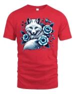 Arctic Blue Fox Floral Graphic Tee - red t-shirt on white background