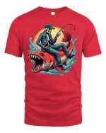 Skeleton Fisherman Riding Monster Fish Tee - red t-shirt on white background
