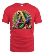 Elegant Letter A Peacock Art T-shirt - red t-shirt on white background