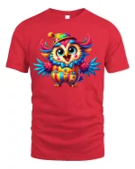 Colorful Clown Owl Cartoon T-shirt - red t-shirt on white background