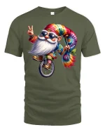 Hippie Gnome Tie-Dye Unicycle Tee - military green t-shirt on white background