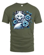 Arctic Blue Fox Floral Graphic Tee - military green t-shirt on white background