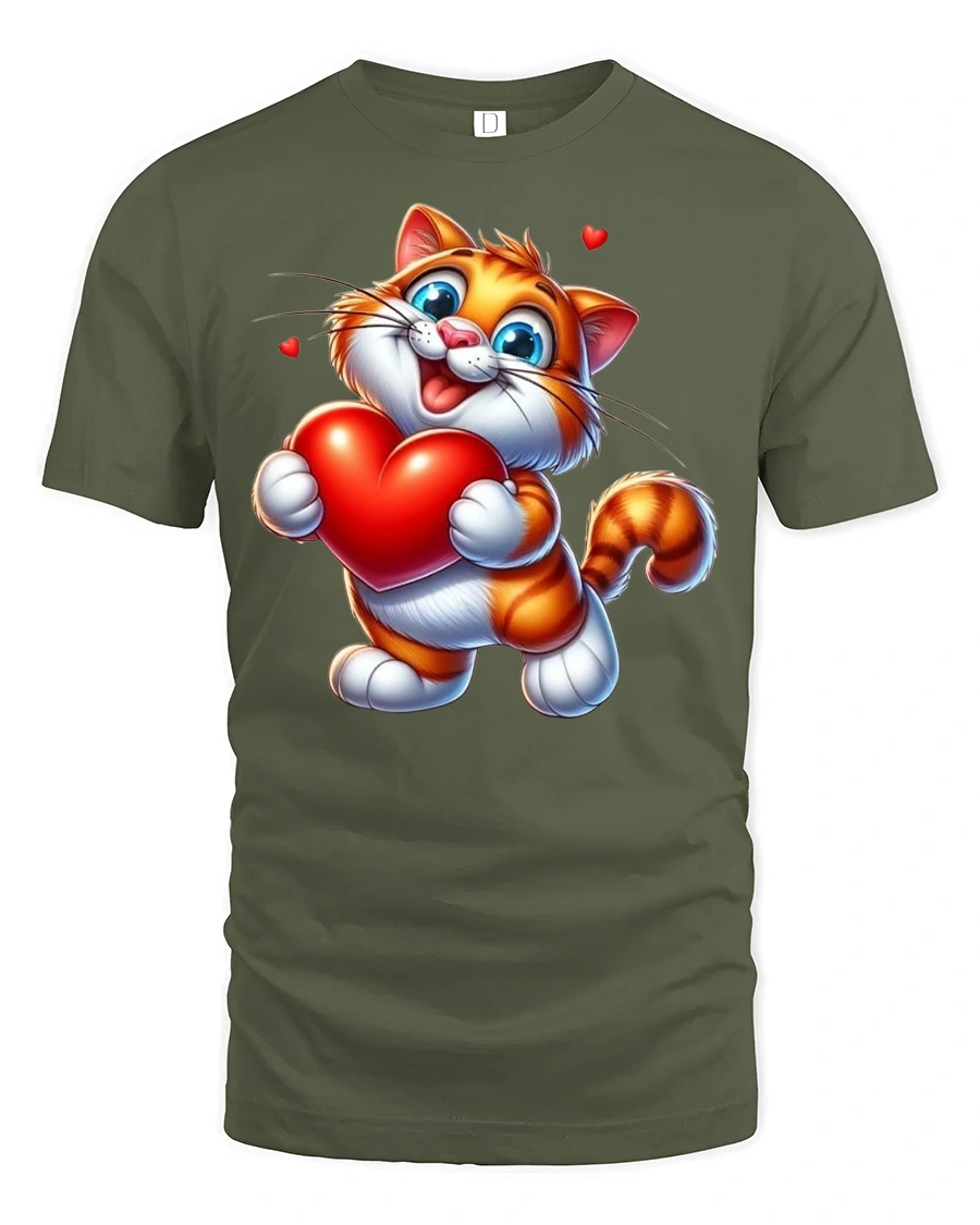Cute Valentine Cat Heart T-Shirt - 1 Cute Valentine Cat Heart T-Shirt - military green t-shirt on white background