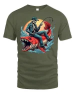 Skeleton Fisherman Riding Monster Fish Tee - military green t-shirt on white background