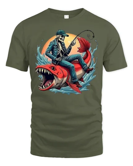 Skeleton Fisherman Riding Monster Fish Tee - military green t-shirt on white background