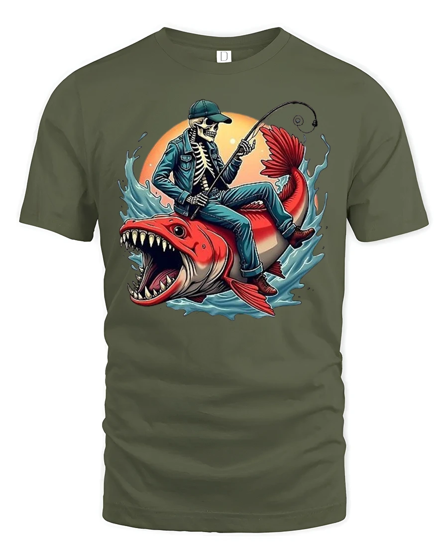 Skeleton Fisherman Riding Monster Fish Tee - 1 Skeleton Fisherman Riding Monster Fish Tee - military green t-shirt on white background
