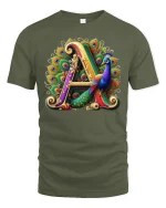 Elegant Letter A Peacock Art T-shirt - military green t-shirt on white background