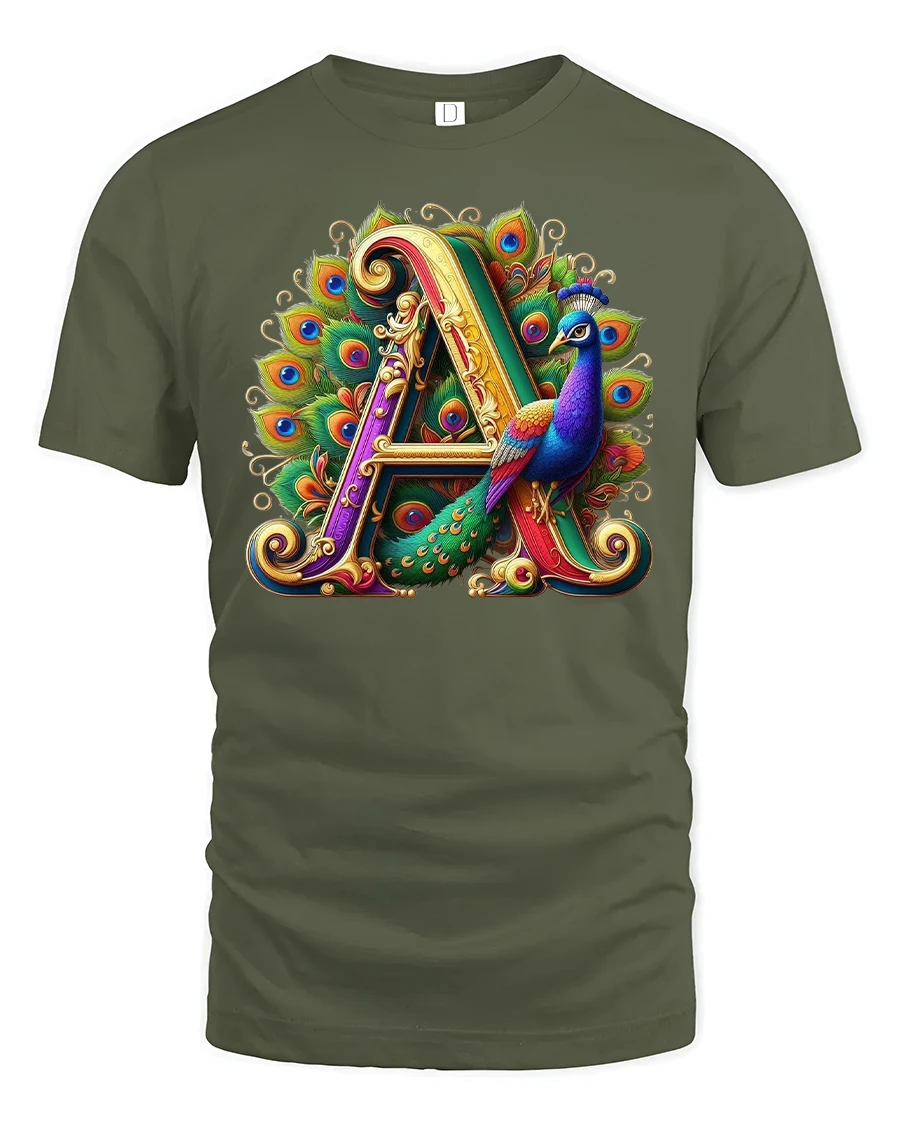 Elegant Letter A Peacock Art T-shirt - 1 Elegant Letter A Peacock Art T-shirt - military green t-shirt on white background