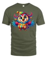 Colorful Clown Owl Cartoon T-shirt - military green t-shirt on white background
