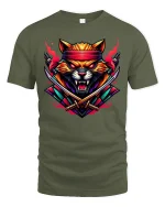 Samurai Warrior Cat Neon Katana Tee - military green t-shirt on white background