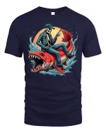 Skeleton Fisherman Riding Monster Fish Tee - navy t-shirt on white background