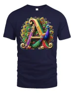 Elegant Letter A Peacock Art T-shirt - navy t-shirt on white background