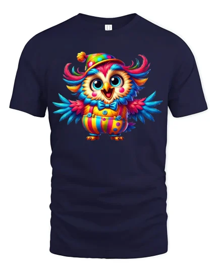 Colorful Clown Owl Cartoon T-shirt - navy t-shirt on white background