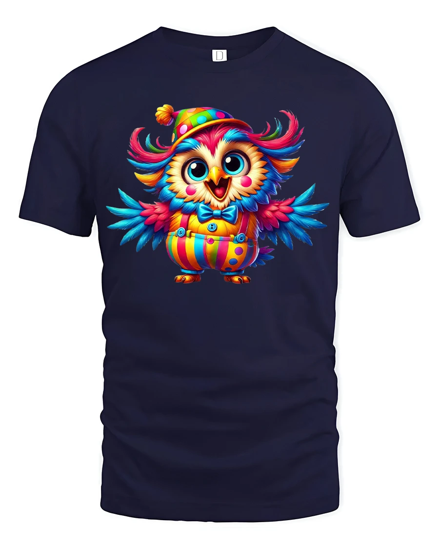 Colorful Clown Owl Cartoon T-shirt - 1 Colorful Clown Owl Cartoon T-shirt - navy t-shirt on white background