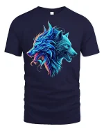 Neon Dual Wolf Spirit Graphic Tee - navy t-shirt on white background