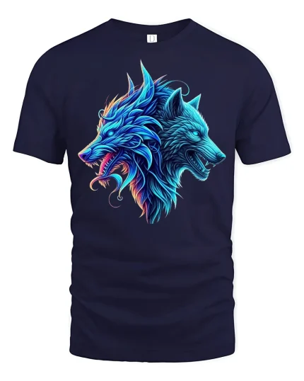 Neon Dual Wolf Spirit Graphic Tee - navy t-shirt on white background