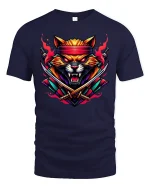 Samurai Warrior Cat Neon Katana Tee - navy t-shirt on white background