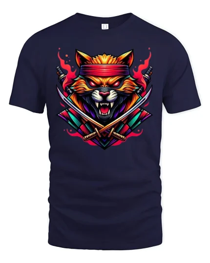 Samurai Warrior Cat Neon Katana Tee - navy t-shirt on white background