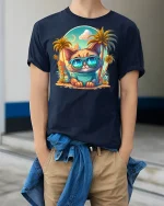 Cool Summer Cat Sunglasses T-Shirt - model wearing Navy T-shirt, hands in pockets, denim shirt at waist